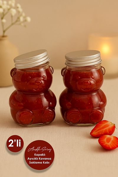 Anadolu Saray Set of 2 Teddy Bear Jar with Glass Lid Decorative Glass Jar Teddy Bear Spice Jar Storage Container