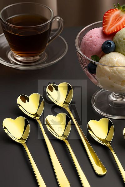 ÖzSa Home Set of 6 Gold Stainless Steel Heart Shaped Ice Cream Cake Dessert Nescafe Coffee Spoons Set Gold 18cm