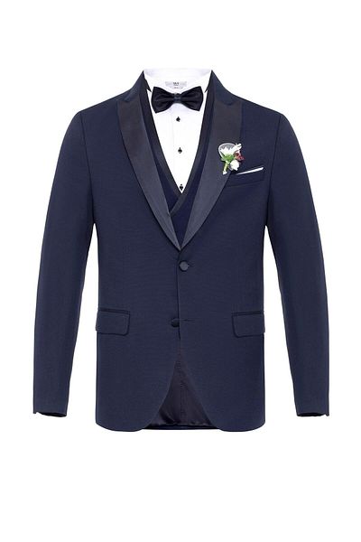 SÜVARİ Navy Blue Slim Fit Dobby Pointed Collar 6 Drop Tuxedo & Groom Suit