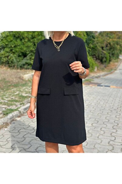 MODA Plus Size Black Dress with Ornamental Pocket Detail