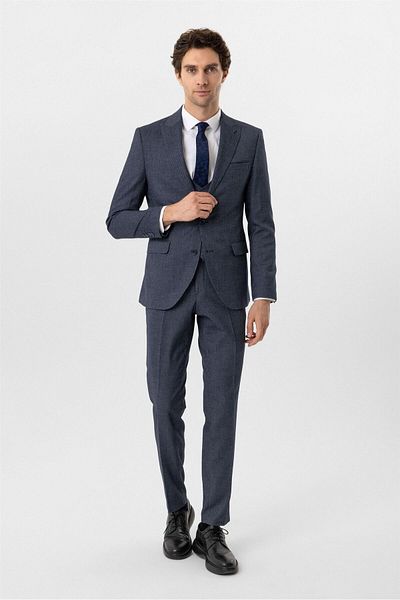 SÜVARİ Navy slim fit patterned pointed collar 6 drop vest classic suit