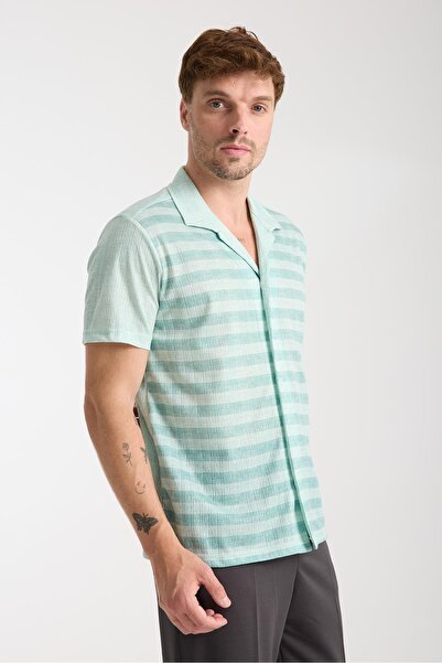 Afri Ανδρικό καλοκαιρινό πουκάμισο με κοντό μανίκι σε πράσινο και λευκό ριγέ ...