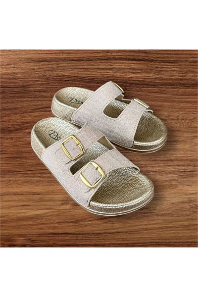 pien Pienn Women's Gold Silvery Ultrasoft Sole Orthopedic Double Buckle Slippers