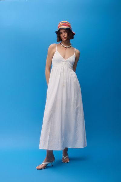 Quzu Stripe Gipe Detailed Strappy Long Dress Ecru