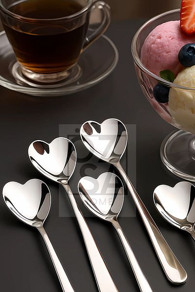 ÖzSa Home Stainless Steel Heart Shaped Ice Cream Cake Dessert Nescafe Coffee Spoon Set of 6 18cm