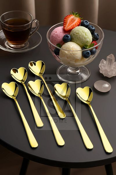 ÖzSa Home Set of 6 Gold Stainless Steel Heart Shaped Ice Cream Cake Dessert Nescafe Coffee Spoons Set Gold 18cm