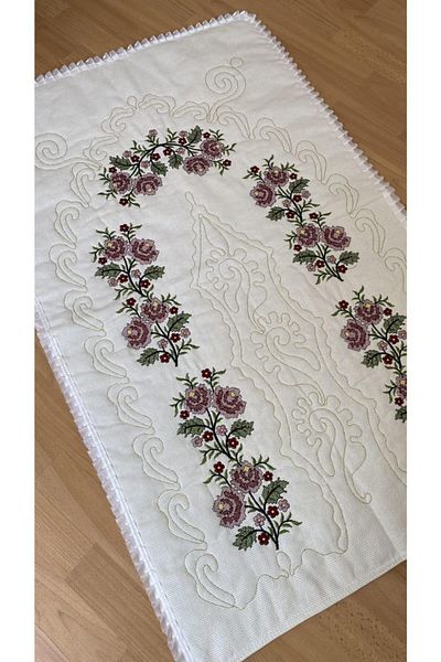 İNCİ MABEL BUTİK Cream Dowry Box, Canvas Etamine Embroidery, 100% Cotton Linen Prayer Rug