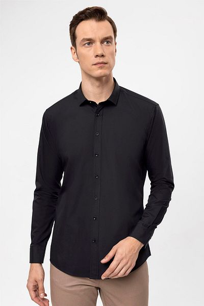 SÜVARİ Μαύρο Slim Fit Απλό Κλασικό Πουκάμισο με Πέτο