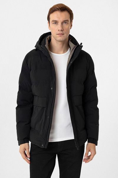 SÜVARİ Ανδρικό παλτό Cavalier Slim Fit Μαύρο με κουκούλα ανάγλυφο