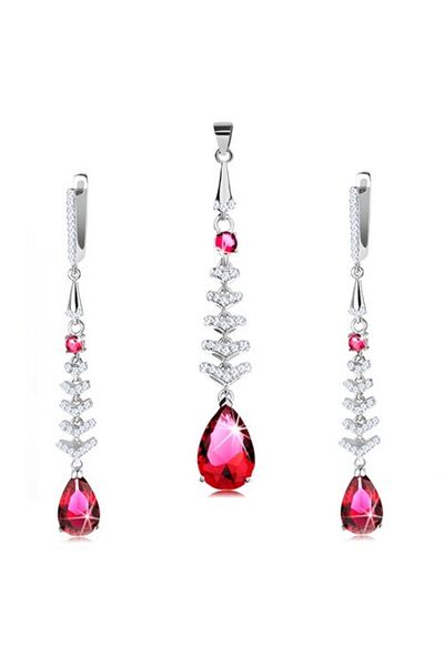 Sterling Silver Set pandantiv şi cercei din argint 925, lacrimă roşu cu ţepi strălucitori