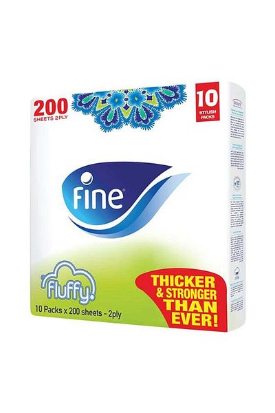 FINE Fluffy Facial Tissue, 2 Ply, 200 Sheets Pack Of 10 White