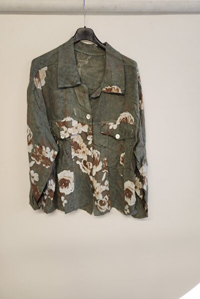 della moor Khaki Women's Italian Rose Patterned Foldable Long Sleeve O Oversized Linen Shirt