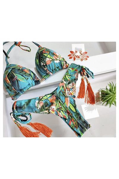 FashionForYou Costum de baie din două piese Coral Crush, sutien cu burete detașabil și slip reglabil, albastru, mărime S