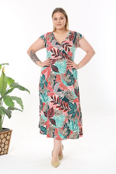 Madwilo Women's Red Green Cangil Pattern Ruffle Sleeve Double Breasted Collar Large Size Maxi Dress