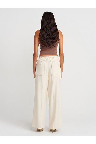 Dilvin 71662 Wide Leg Trousers with Elastic Waist-Ecru
