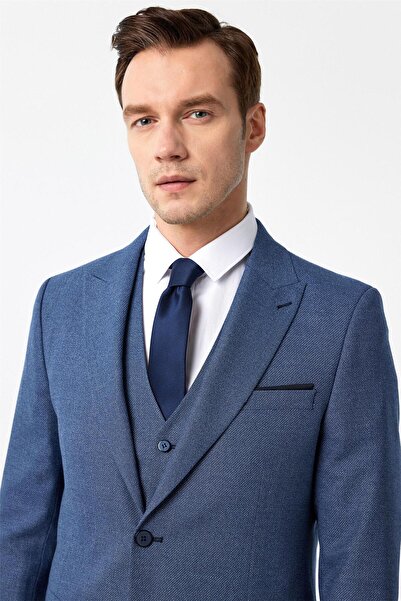 SÜVARİ Parlament Mavi Slim Fit Desenli Mono Yaka 6 Drop Yelekli Klasik Takım Elbise