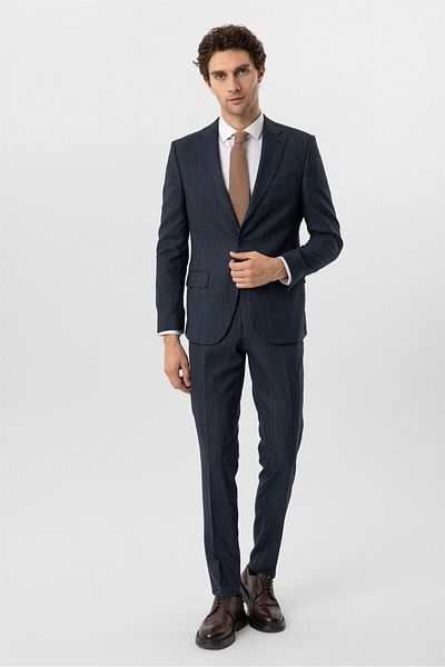 SÜVARİ Navy Blue Slim Fit Patterned Mono Collar 6 Drop Classic Suit