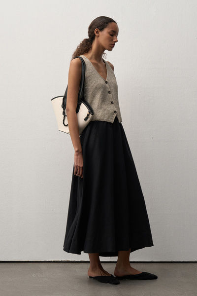 Mathilda Store Kadın Siyah Ayarlanabilir Bel Keten Midi Etek