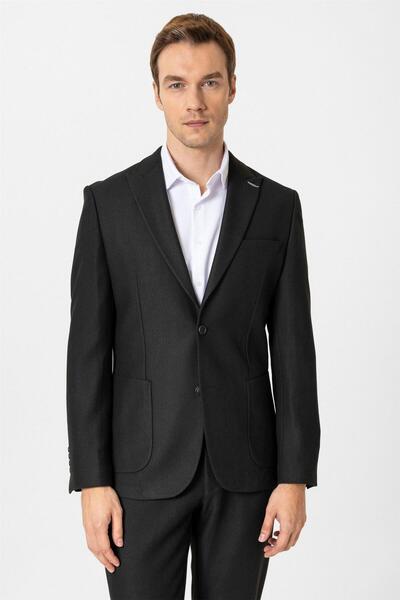 SÜVARİ Siyah Slim Fit Desenli Sivri Yaka 6 Drop Spor Takım Elbise