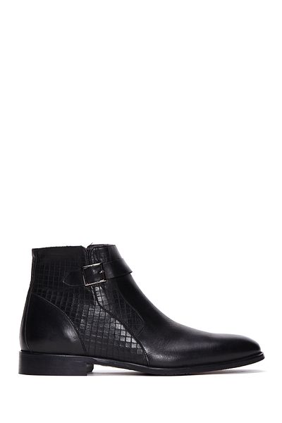 Derimod Black Leather Men's Boots - Buckle Detailed, Zippered, 24Wfd 670318