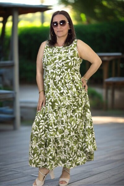 yagmurberen Japone Sleeve (Sleeveless) Flounced Floral Patterned Medium Large Size Cotton Viscose Dress