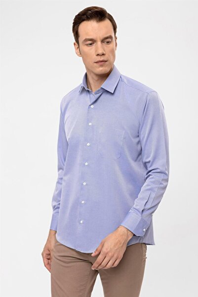 SÜVARİ Mavi Regular Armürlü Klasik Yaka Gömlek