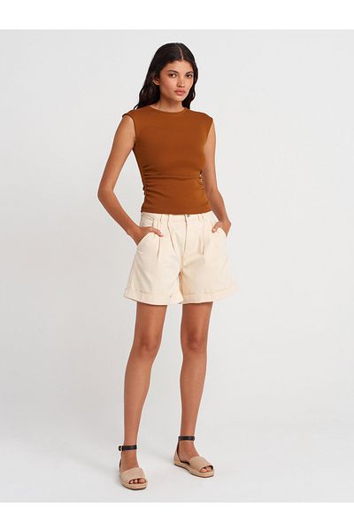Dilvin 71988 Double Pleated Curled Denim Shorts-Stone