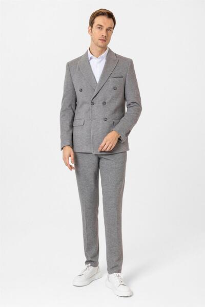 SÜVARİ Gri Slim Fit Desenli Kruvaze Yaka 6 Drop Spor Takım Elbise