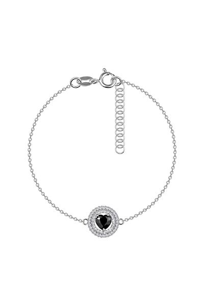 Sterling Silver Brățară din argint 925 - inimă de zircon neagră, cerc dublu, zirconii transparente