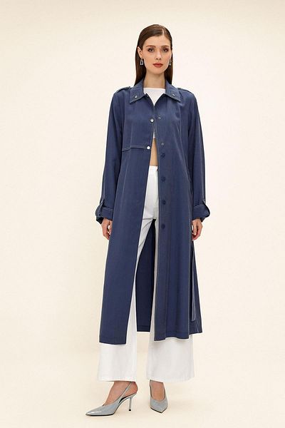 Olcay Modal Trench Coat χωρίς επένδυση με λεπτομέρεια ραφής αντίθεσης İNDİGO 6717