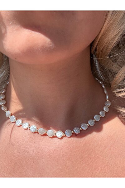 JEWELRY قلادة من الخرز المصنوع يدويًا من اللؤلؤ المسطح