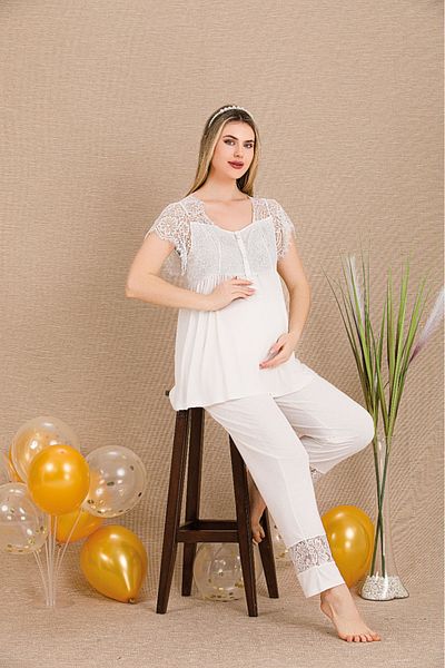 Lady Lingerie Button Collar Short Sleeve Lace Detailed Maternity-Pregnant Pajama Set