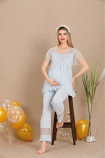 Lady Lingerie Set de pijamale de maternitate cu mâneci scurte, cu guler cu nasturi, cu detaliu din dantelă