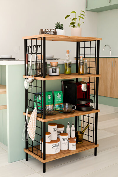 BARIN DESIGN 4 Katlı Metal Telli Raf Ünitesi Çevir Kur Sistemli Kahve Köşesi ve Mutfak Düzenleyici Raf Açık Dolap
