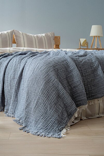 Berolige Easy Muslin Yarn Dye Double Bedspread Indigo Blue