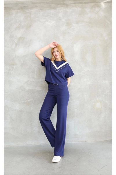 Kadınle Osy Modal Soft Textured Fabric Crew Neck Short Sleeve Set with Patchwork Details - Navy Blue