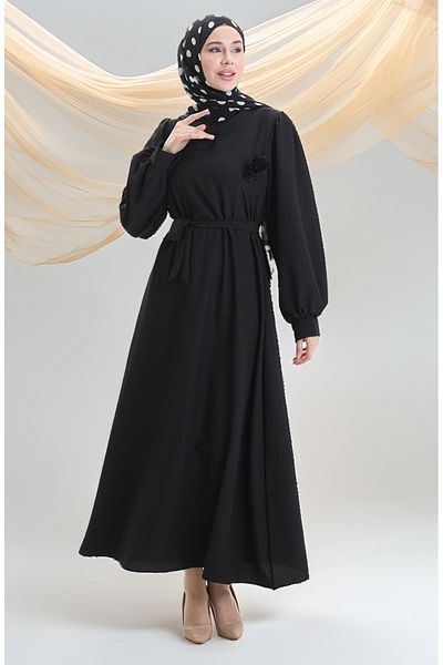 sefamerve Φόρεμα Seersucker Fabric Belted 2043-04 Μαύρο