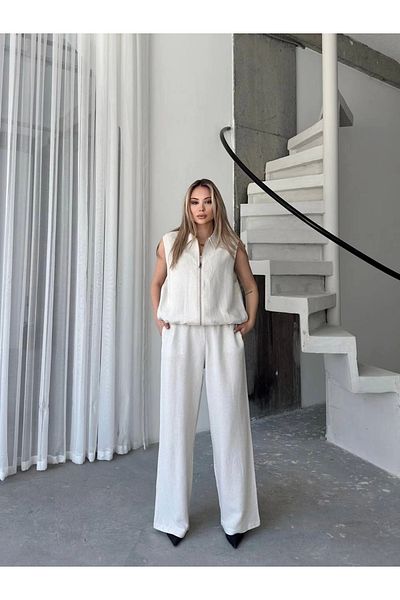 Kadınle Linen Full Zipper Sleeveless Jacket Trousers Double Suit- White