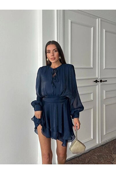 Diemmood Vatkalı Jakarlı Tül Mini Elbise