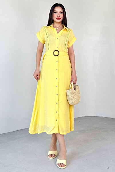 Cappmoda Elb-01785 Yellow Belted Openwork Detailed Shirt Collar Buttoned Summer Dress