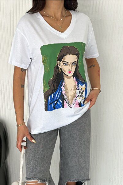 FEMELLE Women's V-Neck Printed 100% Cotton T-Shirt