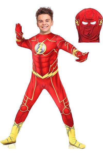 EvrikaUnity Costum Copii Flash, Marvel, Avengers, Lycra, 11-12 ani, 145-155, Rosu / Galben