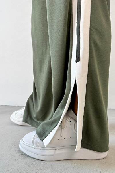 Cappmoda Tkm-13298 Khaki Modal Fabric Color Blocked Oversize Top & Loose Trousers Set of Two