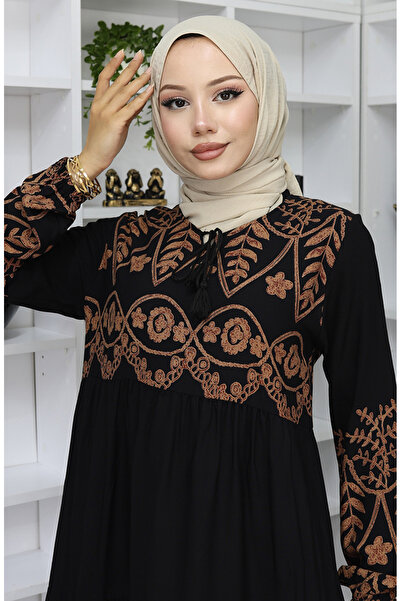 sefamerve Desenli Viskon Elbise 4076-02 Siyah