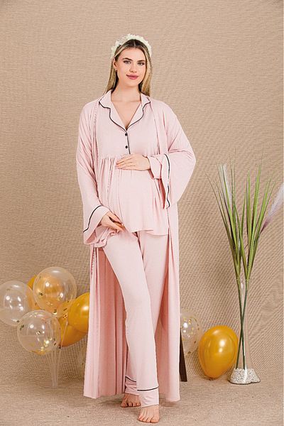 Lady Lingerie Long Dress, Shirt Collar, Long Sleeve Maternity-Pregnant Pajama Set, Set of 3