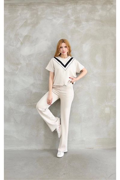 Kadınle Osy Modal Soft Textured Fabric Crew Neck Short Sleeve Set with Patchwork Detail - White