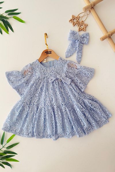 Minigimin Cicileri My Little One's Lace Bow Detailed Girl's Dress - Blue
