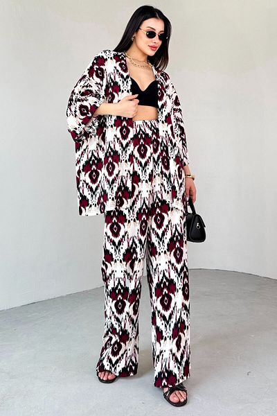 Cappmoda Tkm-13296 Burgundy Ethnic Patterned Kimono & Trousers Double Set