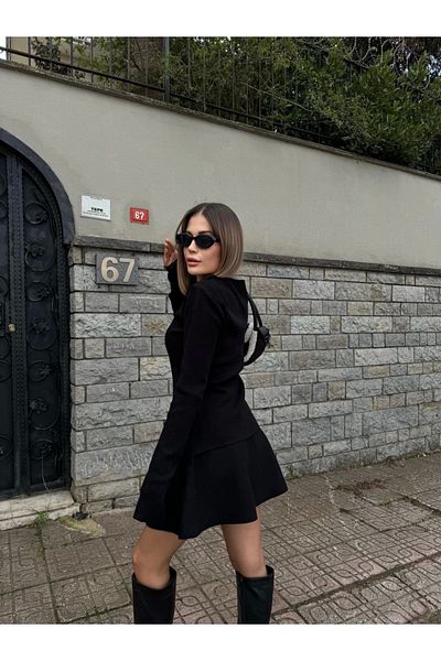 Kadınle Double Zippered Cardigan Skirt Set - Black