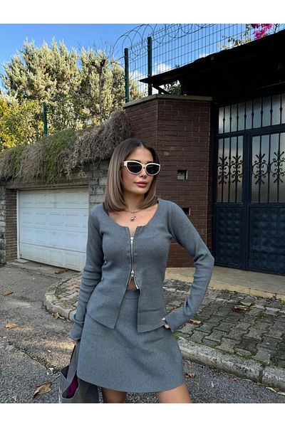 Kadınle Double Zippered Cardigan Skirt Suit - Smoked